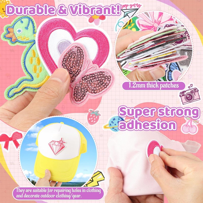 NICEVINYL Iron on Embroidery Patches for Backpacks: 70PCS Random Assortment Vibrant Designs Patch for Clothing Bag Hats Jackets Decor - Colorful and Pink Patches Sew On Appliques for DIY Craft - Image 3